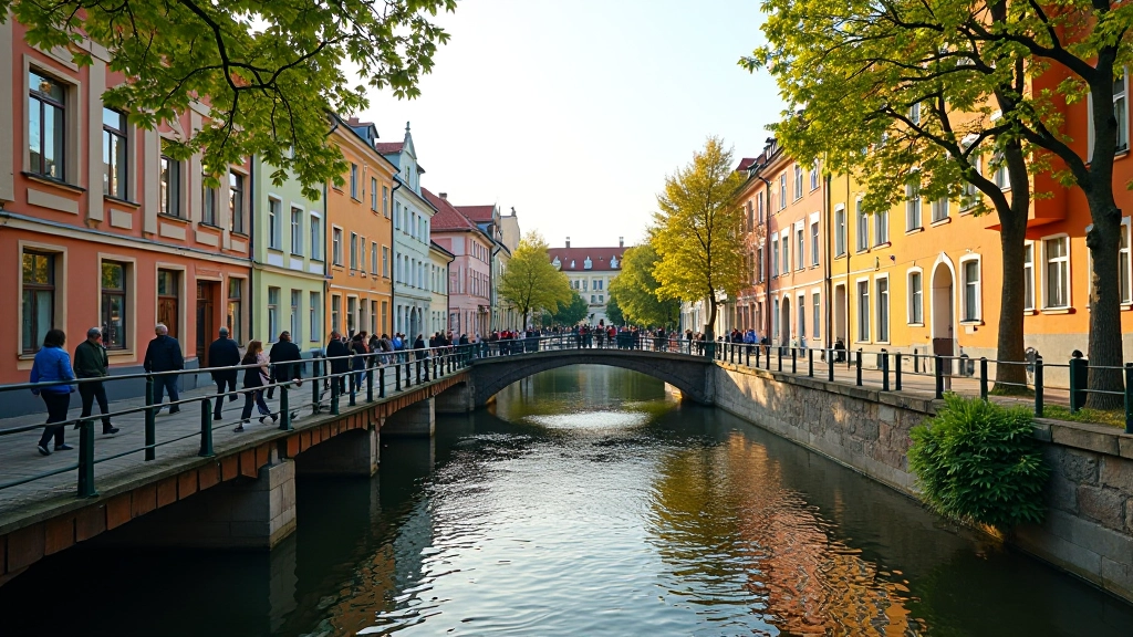 Užupis senos architektūros šoninis peizažas su upės matoma gale, žmonės braidžia per tiltą