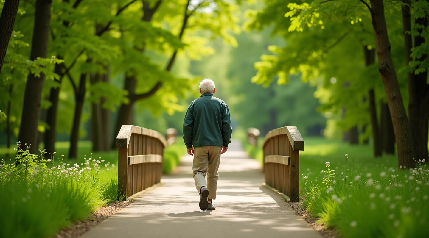 Pagyvenęs žmogus vaikšto žaliame parke su mediniu tiltu